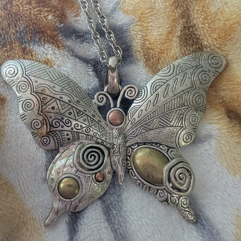 Very Large Butterfly Pendant Mixed metals Statement Necklace
